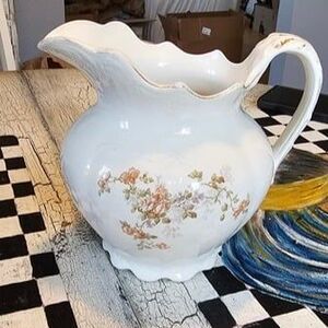 Antique K.T.&K. Co. Semi-Vitreous Porcelain Pitcher Floral Pattern Gold Trim